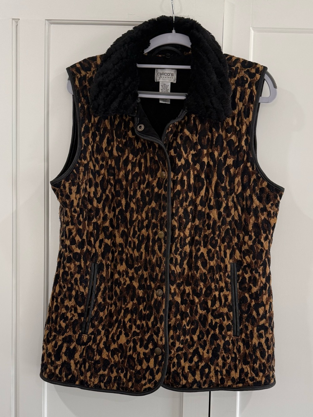 Chico's Leopard-Print Faux Fur Collar Vest - Black & Brown